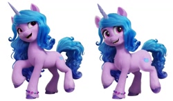 Size: 1026x600 | Tagged: safe, artist:mieuzii, edit, izzy moonbow, pony, unicorn, g5, my little pony: a new generation, blue mane, blue tail, bracelet, female, full body, horn, jewelry, long mane, mare, open mouth, open smile, purple eyes, redraw, simple background, smiling, solo, tail, unshorn fetlocks, white background