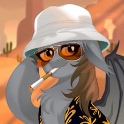 Size: 1500x1500 | Tagged: safe, artist:shimisen, oc, oc only, oc:devin, bat pony, pony, 70s, aviator sunglasses, bat wings, bucket hat, cactus, chest fluff, cigarette, cigarette holder, clothes, desert, fear and loathing in las vegas, hat, hawaiian shirt, hunter s. thompson, las vegas, looking at you, male, movie reference, raoul duke, ray-ban shooter, shirt, smoking, solo, stallion, sunglasses, unshorn fetlocks, wings