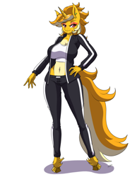 Size: 2480x3189 | Tagged: artist needed, safe, oc, oc only, oc:blondie, anthro, unguligrade anthro, breasts, clothes, female, fluffy tail, high res, midriff, simple background, solo, sports bra, tail, thighs, white background
