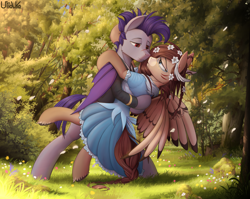 Size: 3900x3100 | Tagged: safe, artist:uliovka, oc, oc only, oc:ondrea, oc:thunder run, bat pony, pegasus, pony, bipedal, clothes, commission, dress, female, forest, grass, high res, lidded eyes, looking at each other, male, mare, oc x oc, romantic, scenery, shipping, smiling, stallion, stallion on mare, straight, thundrea, tribal markings, wings