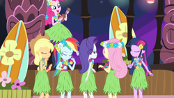 Size: 1920x1080 | Tagged: safe, screencap, applejack, fluttershy, pinkie pie, rainbow dash, rarity, twilight sparkle, equestria girls, g4, shake your tail, female, hula, humane five, humane six