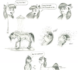 Size: 1400x1248 | Tagged: safe, artist:baron engel, apple bloom, oc, oc:stone mane (baron engel), earth pony, pony, g4, colt, female, filly, male, monochrome, pencil drawing, shower, traditional art, wet, wet mane