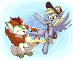 Size: 1200x1000 | Tagged: safe, artist:rocket-lawnchair, autumn blaze, derpy hooves, kirin, pegasus, pony, cap, duo, eyes closed, feather, female, hat, mailbag, open mouth, open smile, positive body image, smiling, spread wings, wings
