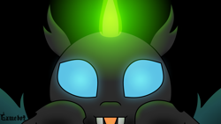 Size: 1280x720 | Tagged: safe, artist:tcgamebot, oc, oc:changelink, changeling, dark background, fangs, glowing, glowing eyes, glowing horn, horn, looking at you, magic, simple background, smiling, solo, spread wings, tongue out, wings