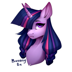 Size: 800x800 | Tagged: safe, artist:buvanybu, twilight sparkle, pony, g4, alternate hairstyle, bust, chest fluff, cute, female, hair over one eye, mare, portrait, simple background, solo, twiabetes, white background