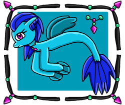Size: 727x614 | Tagged: safe, artist:thelunachronicles, oc, oc only, seapony (g4), blue background, blue mane, female, fin wings, fins, fish tail, flowing tail, jewelry, necklace, purple eyes, simple background, smiling, solo, swimming, tail, transparent background, underwater, wings