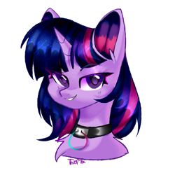 Size: 2253x2255 | Tagged: safe, artist:thieftea, twilight sparkle, alicorn, pony, unicorn, g4, bust, collar, dreamworks face, eye clipping through hair, eyebrows, eyebrows visible through hair, female, grin, head, high res, looking at you, mare, portrait, simple background, smiling, smiling at you, solo, twilight sparkle (alicorn), white background