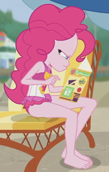 Size: 485x764 | Tagged: safe, screencap, pinkie pie, equestria girls, equestria girls series, friendship math, g4, bare shoulders, barefoot, clothes, feet, female, magazine, one-piece swimsuit, pinkie pie swimsuit, sleeveless, solo, swimsuit