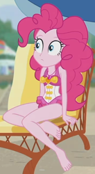 Size: 356x652 | Tagged: safe, screencap, pinkie pie, equestria girls, equestria girls series, friendship math, g4, anatomically incorrect, bare shoulders, barefoot, clothes, confused, cute, diapinkes, feet, female, one-piece swimsuit, pinkie pie swimsuit, sleeveless, solo, swimsuit