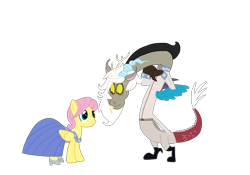 Size: 2388x1668 | Tagged: safe, artist:chanyhuman, discord, fluttershy, draconequus, pegasus, pony, g4, butterscotch, cinderella, clothes, cosplay, costume, crossdressing, crossover, crossplay, disney, disney princess, eris, female, looking at each other, male, my little colt, rule 63, ship:discoshy, ship:eriscotch, shipping, simple background, smiling, smiling at each other, stallion, straight, transparent background, vector