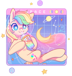 Size: 873x916 | Tagged: safe, artist:wavecipher, oc, oc only, candy pony, food pony, original species, cup, drinking, drinking straw, eyebrows, eyebrows visible through hair, female, ice cube, smiling, solo, white pupils