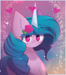 Size: 1900x2150 | Tagged: safe, artist:miryelis, izzy moonbow, pony, unicorn, g5, my little pony: a new generation, :3, bust, cute, eye clipping through hair, female, flower, flower in hair, gradient background, heart, high res, horn, izzybetes, looking at you, mare, portrait, smiling, smiling at you, solo