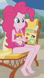 Size: 473x826 | Tagged: safe, screencap, pinkie pie, equestria girls, equestria girls series, friendship math, g4, bare shoulders, barefoot, clothes, cute, diapinkes, feet, female, happy, magazine, one-piece swimsuit, pinkie pie swimsuit, sleeveless, solo, swimsuit, tiptoe