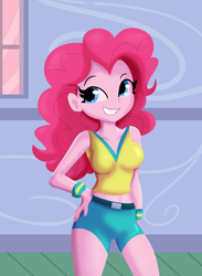 Size: 3300x4509 | Tagged: safe, artist:tjpones, pinkie pie, equestria girls, g4, breasts, busty pinkie pie, clothes, female, grin, hand on hip, high res, shorts, smiling, solo, sweatband