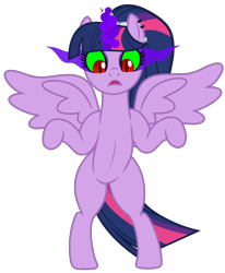 Size: 3992x4853 | Tagged: safe, artist:severity-gray, twilight sparkle, alicorn, pony, semi-anthro, g4, alternate hairstyle, ankha zone, bipedal, crown, dark magic, eyeshadow, female, jewelry, magic, magic aura, makeup, mare, meme, open mouth, parody, piercing, ponified meme, ponytail, red eyes, regalia, simple background, solo, sombra eyes, spread wings, standing, standing up, tiara, transparent background, twilight sparkle (alicorn), unamused, wide eyes, wings