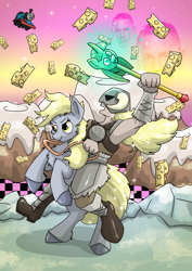 Size: 2480x3508 | Tagged: safe, artist:rainihorn, derpy hooves, human, pegasus, pony, g4, anniversary, cheese, dovahkiin, female, food, games, high res, humans riding ponies, ice, john cena, male, missing texture, mods, moon, riding, scepter, skyrim, skyrim mod, sparkles, stars, sweet roll, the elder scrolls, thomas the tank engine, twilight scepter, video game, wabbajack