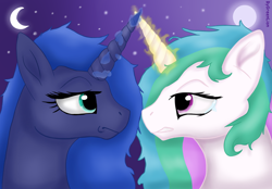 Size: 1440x1000 | Tagged: safe, artist:greenlion, princess celestia, princess luna, alicorn, pony, g4, conflict, duo, fanart, female, glowing, glowing horn, horn, horns are touching, looking at each other, magic, moon, night, princess, royal sisters, siblings, sisters