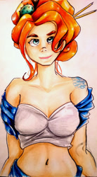 Size: 1024x1849 | Tagged: safe, artist:nolyanimeid, sunset shimmer, human, g4, alternate hairstyle, belly button, breasts, cleavage, female, humanized, looking at you, smiling, smiling at you, solo, traditional art