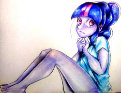 Size: 1024x787 | Tagged: safe, artist:nolyanimeid, sci-twi, twilight sparkle, equestria girls, g4, barefoot, breasts, feet, female, legs, looking at you, solo, traditional art