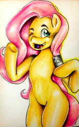 Size: 1024x1638 | Tagged: safe, artist:nolyanimeid, fluttershy, pegasus, pony, g4, bipedal, cellphone, female, hoof hold, looking at you, mare, missing cutie mark, one eye closed, open mouth, open smile, phone, selfie, smartphone, smiling, smiling at you, solo, traditional art, wingless, wink, winking at you
