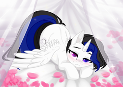 Size: 960x679 | Tagged: safe, artist:kawaiizhele, oc, oc only, alicorn, pony, alicorn oc, base used, bed, bedroom eyes, female, horn, looking at you, petals, rose petals, solo, wings