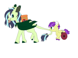 Size: 1280x960 | Tagged: safe, artist:doodletheexpoodle, oc, oc only, oc:speed well, oc:whistle tune, bat pony, pegasus, pony, bat pony oc, biting, brothers, colt, duo, graham cracker, male, mouth hold, offspring, parent:fluttershy, parent:soarin', parents:soarinshy, siblings, tail, tail bite, wheelchair