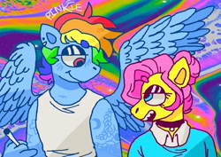 Size: 786x558 | Tagged: safe, artist:uppypups, fluttershy, rainbow dash, pegasus, anthro, g4, abstract background, cigarette, female, height difference, lesbian, looking at each other, ship:flutterdash, shipping, smoking, smolshy, tallerdash