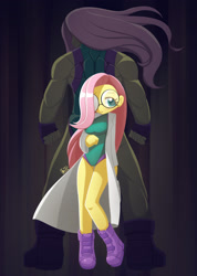 Size: 1280x1801 | Tagged: safe, artist:howxu, fluttershy, human, g4, boots, breasts, busty fluttershy, clothes, commission, duality, female, fingerless gloves, flutterhulk, glasses, gloves, hair over one eye, humanized, lab coat, leotard, marvel comics, muscles, muscleshy, pony coloring, round glasses, she-hulk, shoes, solo, standing, superhero, windswept hair