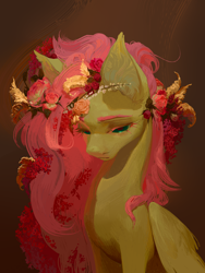 Size: 3000x4000 | Tagged: safe, artist:yanisfucker, fluttershy, pegasus, pony, beautiful, big ears, bust, colored eyebrows, colored eyelashes, cute, ear fluff, eyelashes, featured image, female, flower, flower in hair, folded wings, gradient background, high res, long mane, looking down, mare, portrait, sad, shyabetes, solo, teal eyes, teary eyes, three quarter view, wings