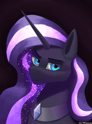 Size: 1000x1346 | Tagged: safe, artist:vezja, nightmare rarity, pony, g4, bust, ethereal mane, female, gem, horn, jewelry, looking at you, mare, portrait, regalia, simple background, solo