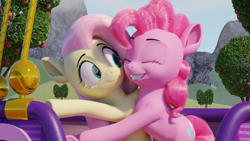 Size: 3840x2160 | Tagged: safe, artist:gabro46, fluttershy, pinkie pie, earth pony, pegasus, pony, g4, my little pony: friendship is magic, my little pony: rainbow roadtrip, 3d, blender, duo, eyes closed, female, high res, hot air balloon, hug, mare, smiling