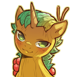 Size: 1159x1159 | Tagged: safe, artist:cold-blooded-twilight, snails, dryad, original species, plant pony, g4, berry, blushing, colt, horn, male, plant, simple background, smiling, solo, species swap, transparent background, wood