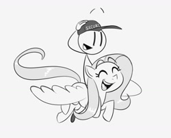 Size: 1280x1036 | Tagged: safe, artist:leynovi, fluttershy, pegasus, pony, g4, cap, crossover, cute, dave panpa, duo, eyes closed, female, flying, gray background, grayscale, hat, henry stickmin, humans riding ponies, male, mare, monochrome, open mouth, open smile, riding, shyabetes, simple background, smiling, spread wings, stick figure, wings