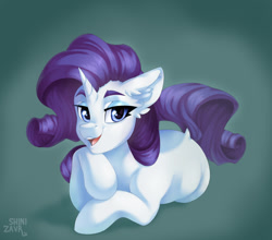 Size: 1432x1262 | Tagged: safe, artist:shinizavr, rarity, pony, unicorn, g4, cute, ear fluff, female, gradient background, lidded eyes, looking at you, lying down, mare, open mouth, open smile, prone, smiling, solo, supporting head, three quarter view