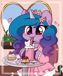 Size: 1702x2048 | Tagged: safe, artist:sakukitty, izzy moonbow, unicorn, semi-anthro, g5, my little pony: a new generation, spoiler:my little pony: a new generation, arm hooves, blushing, cake, clothes, cute, dress, female, flan, flower, flower in hair, food, ice cream, izzybetes, mare, pudding, smiling, solo