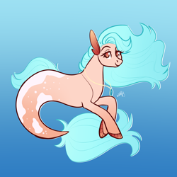 Size: 1000x1000 | Tagged: safe, artist:wolfyfree, oc, oc only, seapony (g4), blue background, blue mane, dorsal fin, female, fins, fish tail, flowing mane, flowing tail, jewelry, looking at you, necklace, ocean, orange eyes, signature, simple background, smiling, solo, swimming, tail, underwater, water