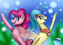 Size: 700x508 | Tagged: safe, artist:daedric-dragon, pinkie pie, princess skystar, earth pony, pony, seapony (g4), g4, my little pony: the movie, blue eyes, blue mane, bubble, clothes, dorsal fin, duo, female, fin wings, fins, fish tail, flower, flower in hair, flowing mane, flowing tail, jewelry, looking at each other, looking at someone, necklace, ocean, one small thing, open mouth, open smile, pearl necklace, pink mane, scales, seaponified, seapony pinkie pie, seaquestria, seashell, seashell necklace, seaweed, smiling, smiling at each other, species swap, swimming, tail, teeth, underwater, water, wings