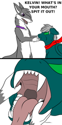 Size: 640x1280 | Tagged: safe, artist:kelvin shadewing, oc, oc only, oc:kelvin, oc:raks'in, original species, sergal, dialogue, mawshot, meme, meme template, open mouth, shadewing, vore