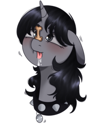 Size: 1640x2360 | Tagged: safe, artist:vaiola, oc, oc only, oc:howl, pony, unicorn, behaving like a dog, blushing, bone, bust, collar, commission, drool, female, floppy ears, food, head only, horn, long mane, pet tag, portrait, simple background, solo, spiked collar, tongue out, transparent background, treat on nose, waiting, watermark