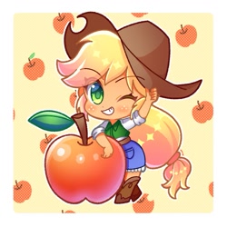 Size: 853x853 | Tagged: safe, artist:yukiha_321, applejack, human, g4, apple, chibi, colored pupils, cute, female, food, humanized, jackabetes, looking at you, one eye closed, smiling, solo, wink