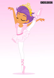 Size: 2480x3595 | Tagged: safe, artist:excelso36, tender taps, equestria girls, g4, ballerina, ballet dancing, ballet slippers, clothes, crossdressing, en pointe, equestria girls-ified, eyes closed, girly, gradient background, high res, jewelry, male, simple background, sissy, solo, splits, standing, standing splits, tiara, tutu