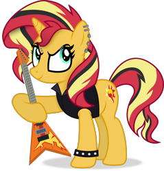 Size: 4046x4234 | Tagged: safe, artist:anime-equestria, sunset shimmer, pony, unicorn, g4, clothes, ear piercing, electric guitar, eyebrow piercing, eyeliner, female, guitar, horn, jacket, makeup, mare, musical instrument, piercing, punk, punkset shimmer, simple background, smiling, solo, transparent background, vector
