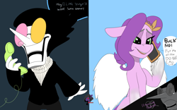 Size: 1920x1200 | Tagged: safe, artist:brainiac, pipp petals, pegasus, pony, g5, my little pony: a new generation, adorapipp, crossover, cute, deltarune, downvote bait, female, mare, phone, puppet, spamton, spamton g. spamton, text, that pony sure does love phones, tiktok, time-lapse included