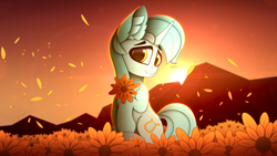 Size: 3840x2160 | Tagged: safe, artist:alexbefest, lyra heartstrings, pony, unicorn, g4, cute, ear fluff, effects, eyebrows, female, flower, high res, hoof hold, lens flare, looking at you, neon, petals, sitting, solo, sunset