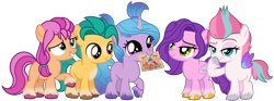 Size: 9736x3640 | Tagged: safe, artist:emeraldblast63, hitch trailblazer, izzy moonbow, pipp petals, sunny starscout, zipp storm, earth pony, pegasus, pony, unicorn, g4, g5, my little pony: a new generation, boop, bracelet, colt, colt hitch trailblazer, cute, female, filly, filly izzy moonbow, filly pipp petals, filly sunny starscout, filly zipp storm, foal, g5 to g4, jewelry, male, mane five, mouth hold, pigtails, raised hoof, self-boop, unshorn fetlocks, younger