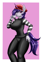 Size: 1400x2100 | Tagged: safe, artist:zachc, onyx, unicorn, anthro, g5, my little pony: a new generation, beatnik pony, beret, clothes, commission, cup, female, hat, looking at you, solo, teacup