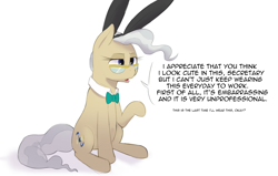 Size: 3400x2160 | Tagged: safe, alternate version, artist:hitsuji, mayor mare, earth pony, pony, g4, bunny ears, dialogue, female, glasses, high res, mare, simple background, solo, text, white background