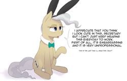 Size: 3400x2160 | Tagged: safe, artist:hitsuji, mayor mare, earth pony, pony, g4, bowtie, bunny ears, dialogue, female, high res, mare, simple background, sitting, solo, text, white background