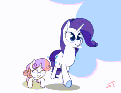 Size: 1280x984 | Tagged: safe, artist:storyteller, rarity, sweetie belle, pony, unicorn, g4, animated, belle sisters, cute, diasweetes, duo, excited, eyes closed, female, filly, gif, grin, happy, hopping, loop, mare, open mouth, open smile, pronking, raribetes, siblings, sisters, smiling, underhoof, walking, weapons-grade cute
