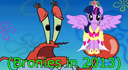 Size: 720x395 | Tagged: safe, twilight sparkle, alicorn, pony, g4, princess twilight sparkle (episode), alicorn drama, clothes, crown, drama, jewelry, looking at something, looking at you, male, mr. krabs, open mouth, reference, regalia, sad, spongebob reference, spongebob squarepants, text, twilight sparkle (alicorn), youtube poop